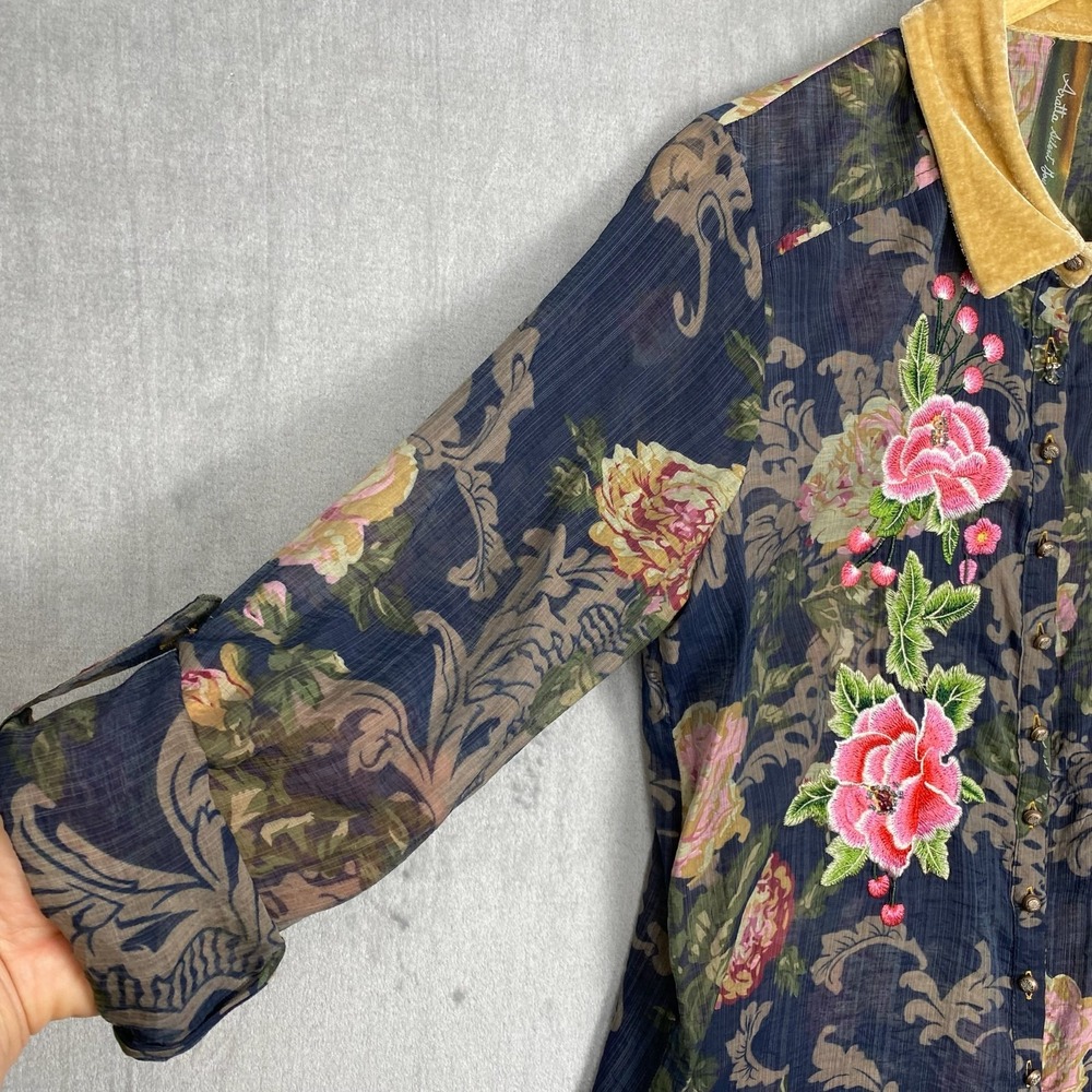Aratta Silent Journey Blouse Womens Size S Sheer Floral Embroidered Boho Velvet - Picture 7 of 12